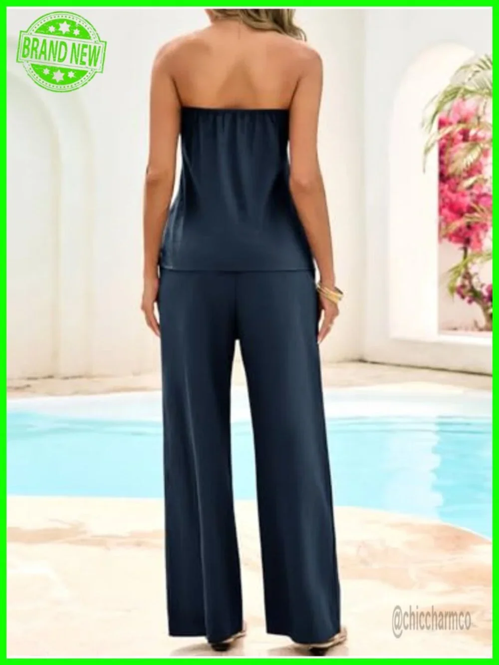 2 Piece Strapless Tube Top Wide Leg Pants Matching Lounge Set